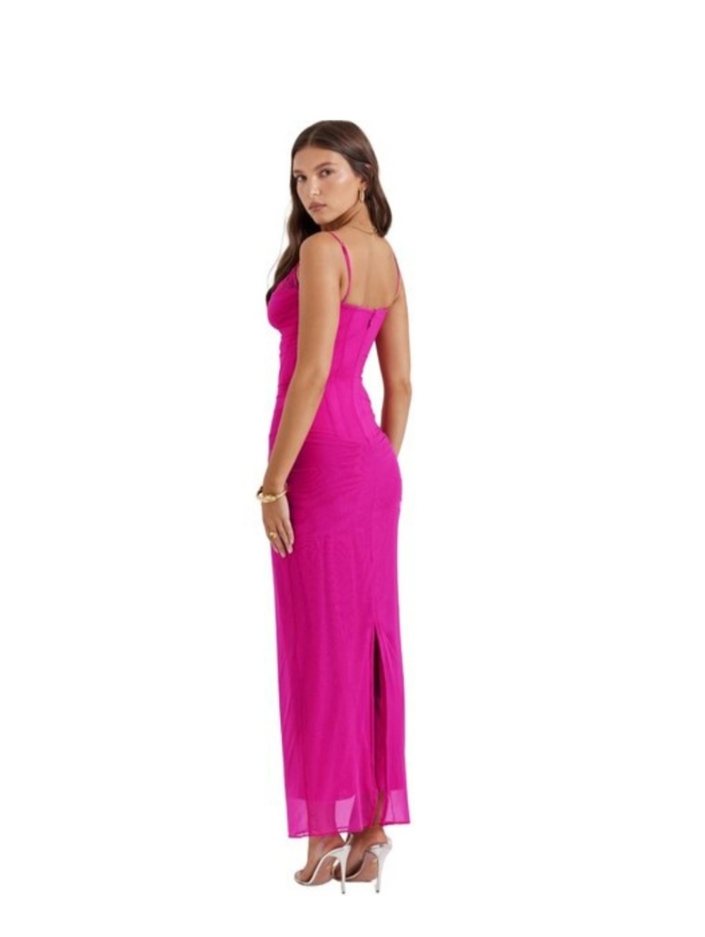 HOUSE OF CB Nalini fuchsia maxi dress Ruched Mesh $239 Medium - Picture 4 of 8